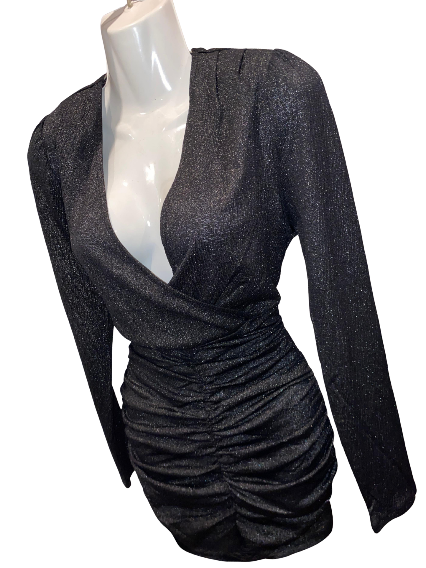ONLY New Pella Wrap Foil Dress XL Gunmetal Silver Metallic Long SleeveRuchedMini
