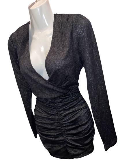 ONLY New Pella Wrap Foil Dress XL Gunmetal Silver Metallic Long SleeveRuchedMini
