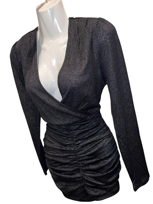ONLY New Pella Wrap Foil Dress XL Gunmetal Silver Metallic Long SleeveRuchedMini