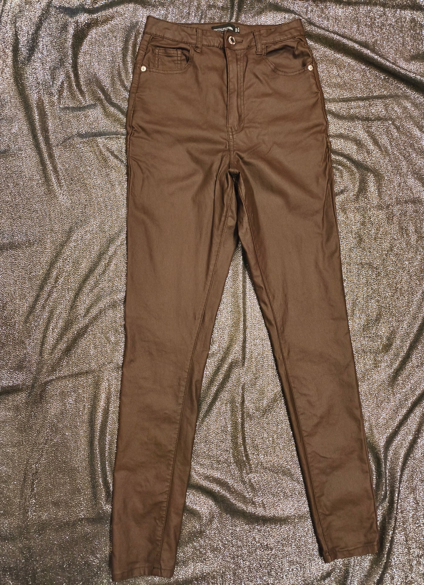 PrettyLittleThing Chocolate Brown Coated Skinny Jeans - UK 10 / US 6 - High Rise