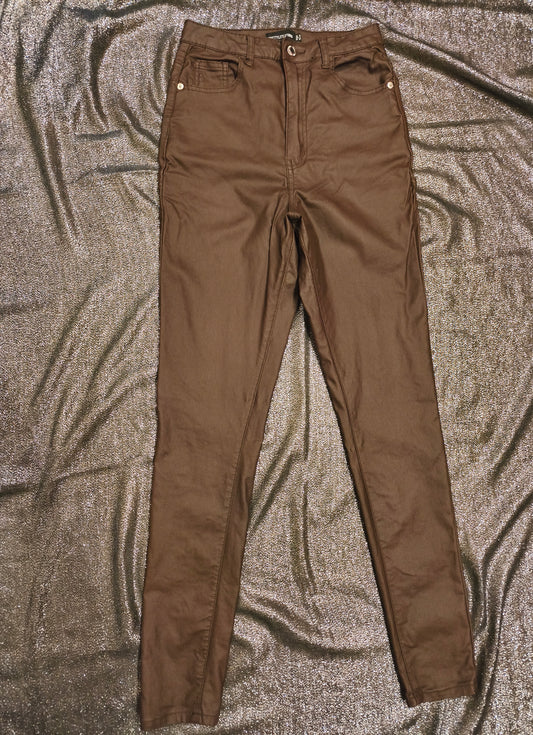 PrettyLittleThing Chocolate Brown Coated Skinny Jeans - UK 10 / US 6 - High Rise