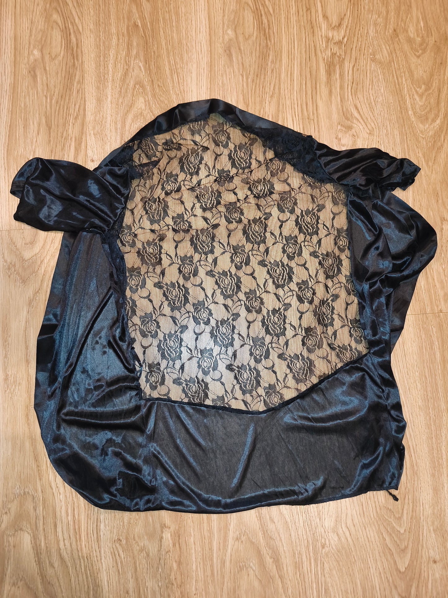 Vintage Style Black Satin & Lace Sheer Back Robe / Kimono Lingerie – Size M