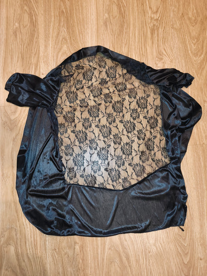 Vintage Style Black Satin & Lace Sheer Back Robe / Kimono Lingerie – Size M