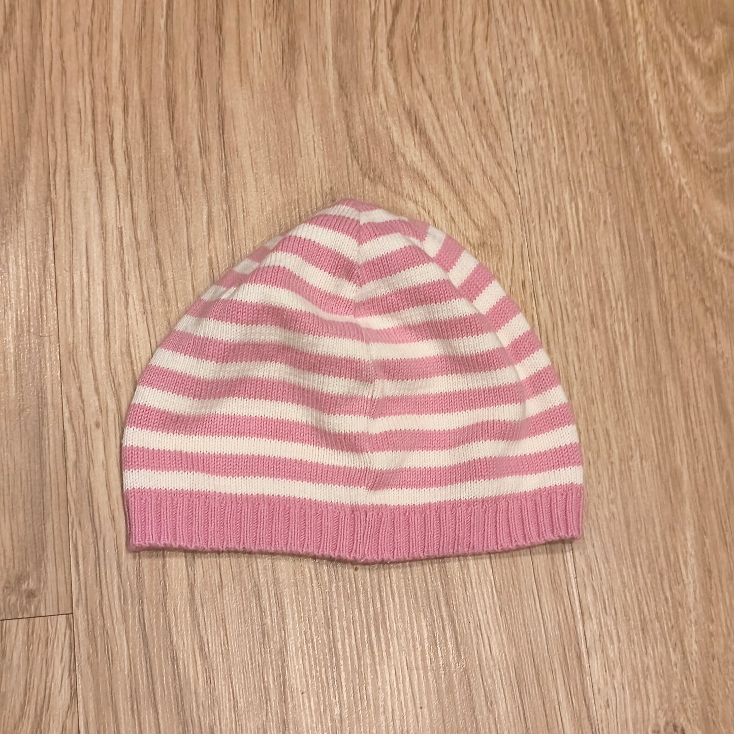 Girls Pink White Striped Knit Beanie Hat Embroidered Flower Winter Spring Cap
