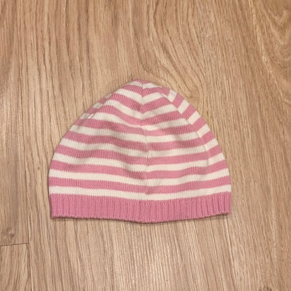 Girls Pink White Striped Knit Beanie Hat Embroidered Flower Winter Spring Cap