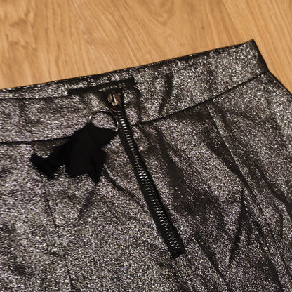 ZARA WOMAN Metallic Silver Sparkle Front Zip Ankle Pants Trousers Women Size M