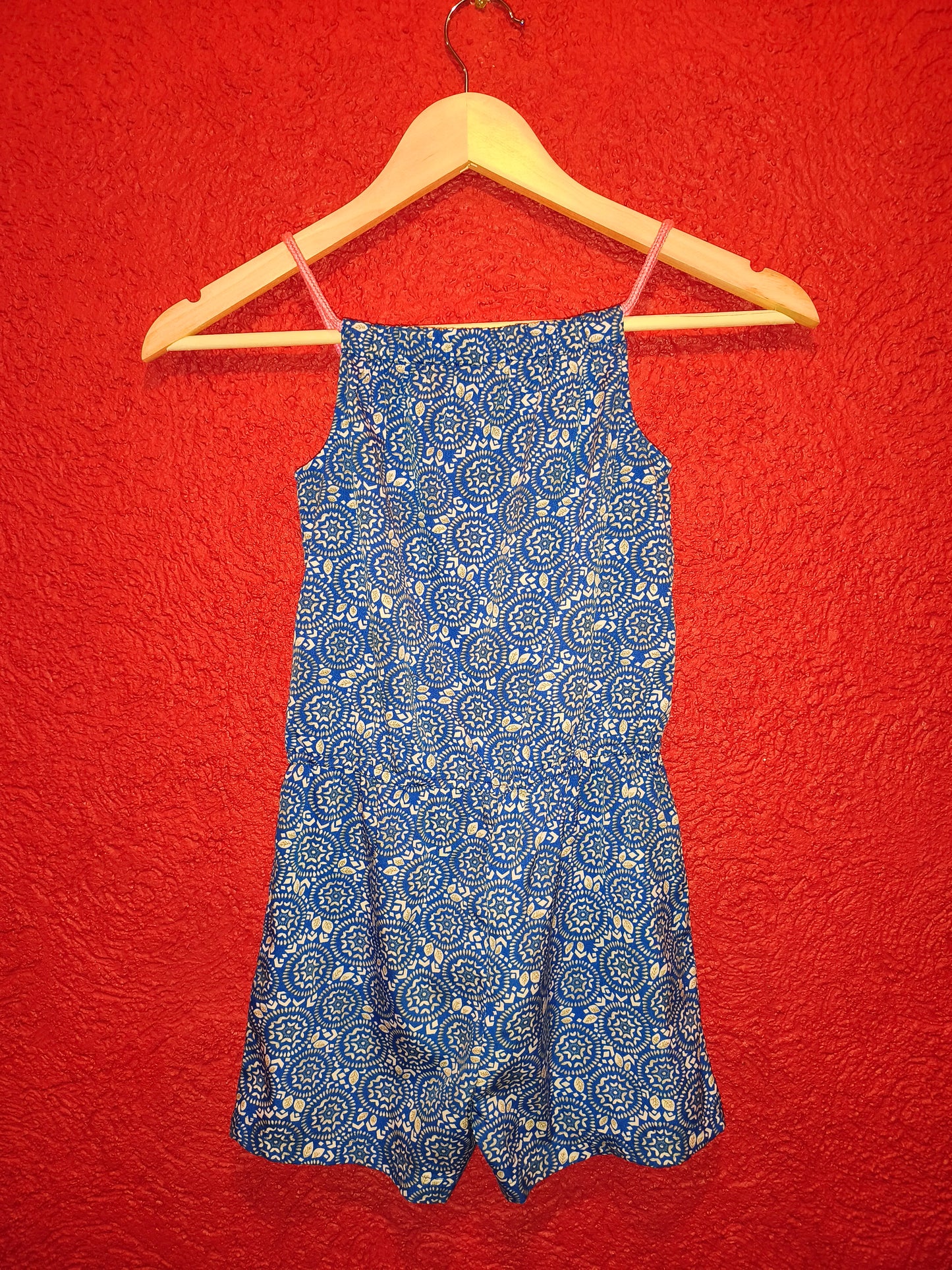 Girls Printed Summer Playsuit / Romper with Pink Tassels – Blue Patterned