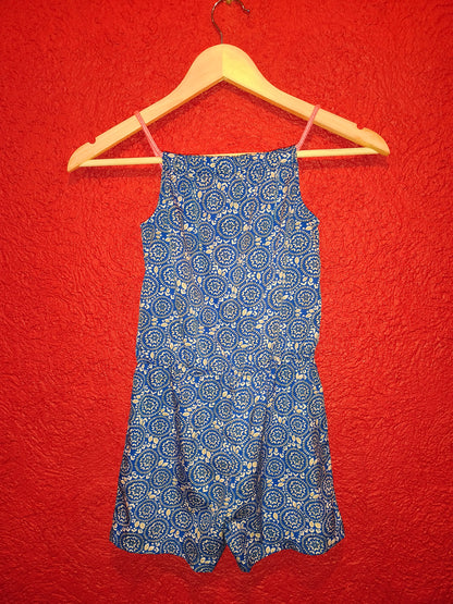 Girls Printed Summer Playsuit / Romper with Pink Tassels – Blue Patterned