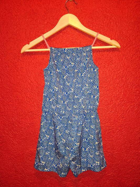 Girls Printed Summer Playsuit / Romper with Pink Tassels – Blue Patterned