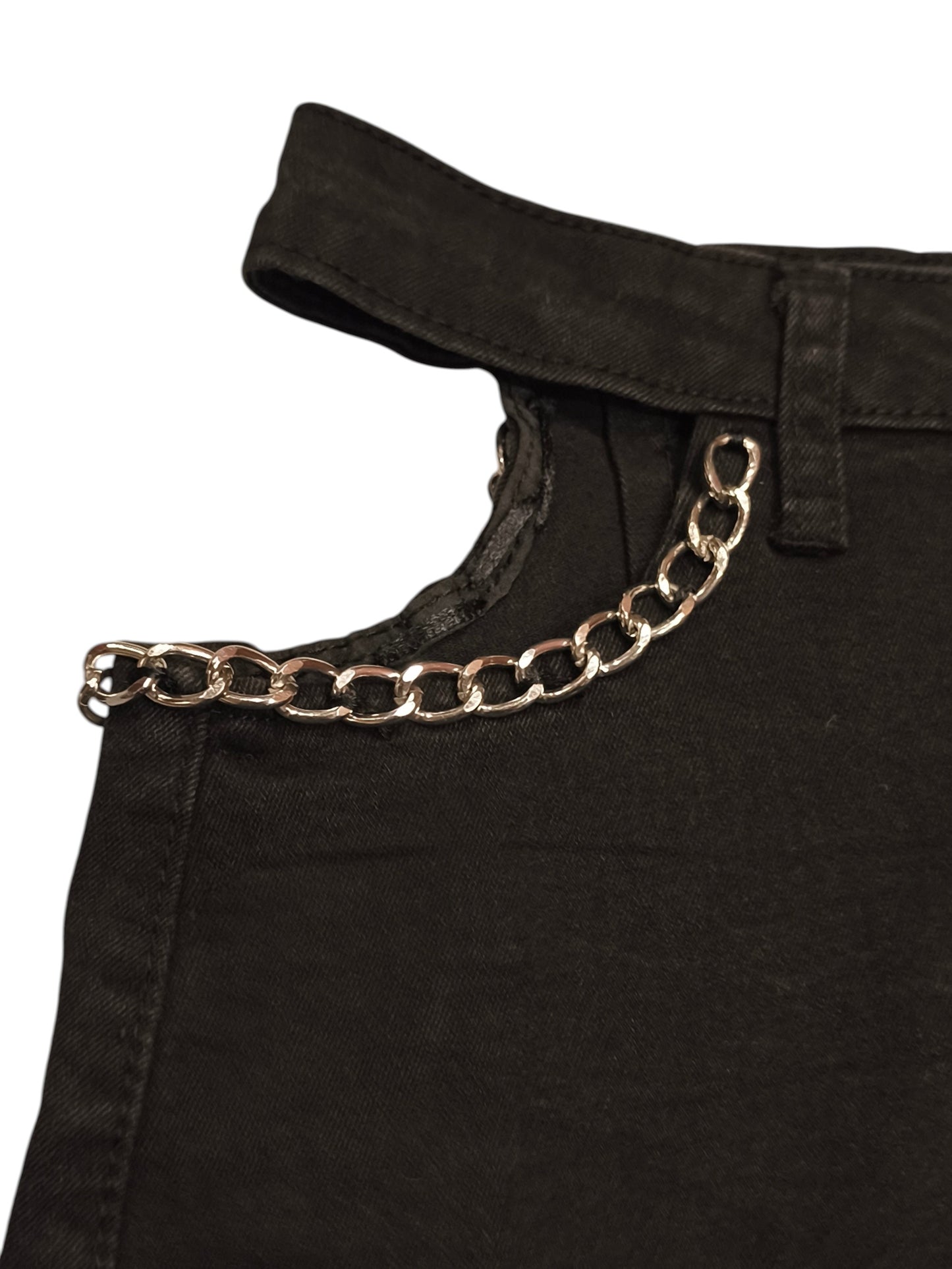Black Denim-Look Mini Skirt with Hip Cutouts and Silver Chain Detail - Size S