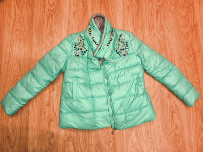 Qi Hong Yun Embellished Puffer Jacket - Mint Green/Teal Gem Accent (Size XXL / fits L-XL)