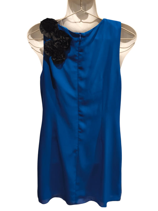 Almost Famous London Blue Shift Dress – Black 3D Floral Rosette Accents Size 10