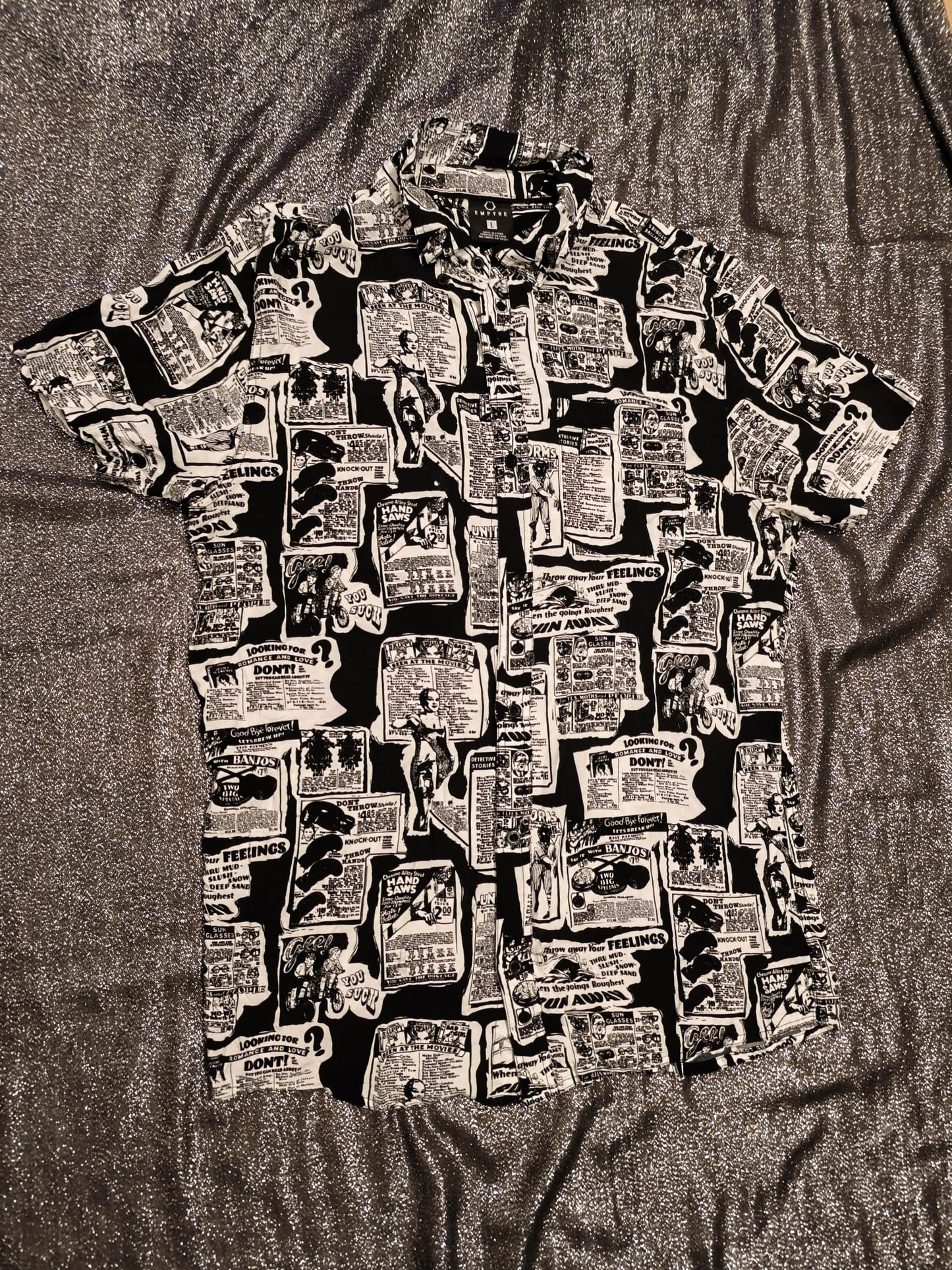 Empyre Men’s L Button Up Shirt Vintage Ad Newsprint Graphic Streetwear