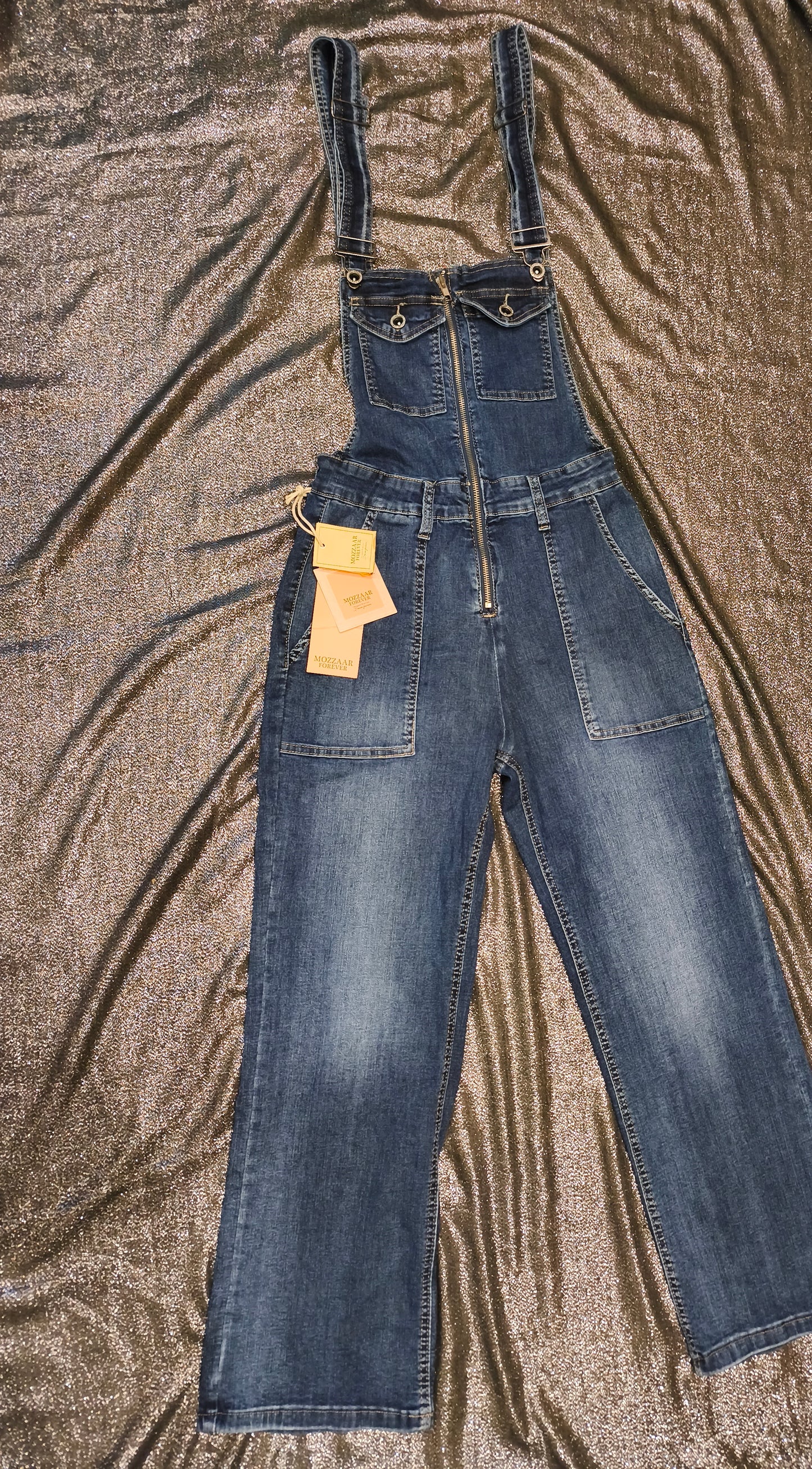 Mozzaar Forever Denim Overalls Jumpsuit Wide Leg Stretch Blue Bib Dungarees NWT