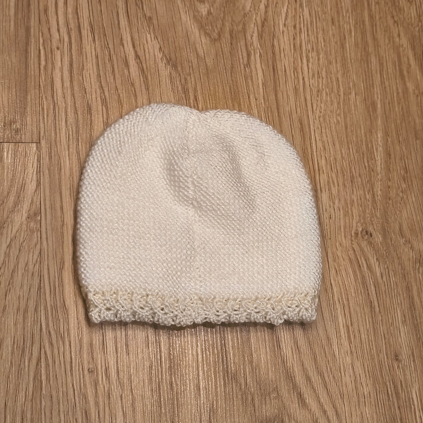 Off White Cream Knit Beanie Hat Crochet Flower Button Accent Winter Warm