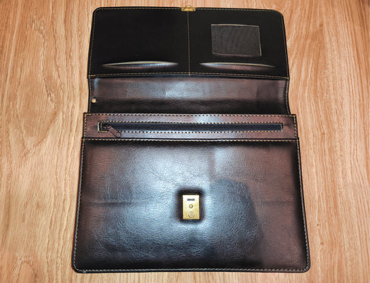 Vintage 80s 90s Black Faux Leather Portfolio Document Case Business Organizer Padfolio Push Lock