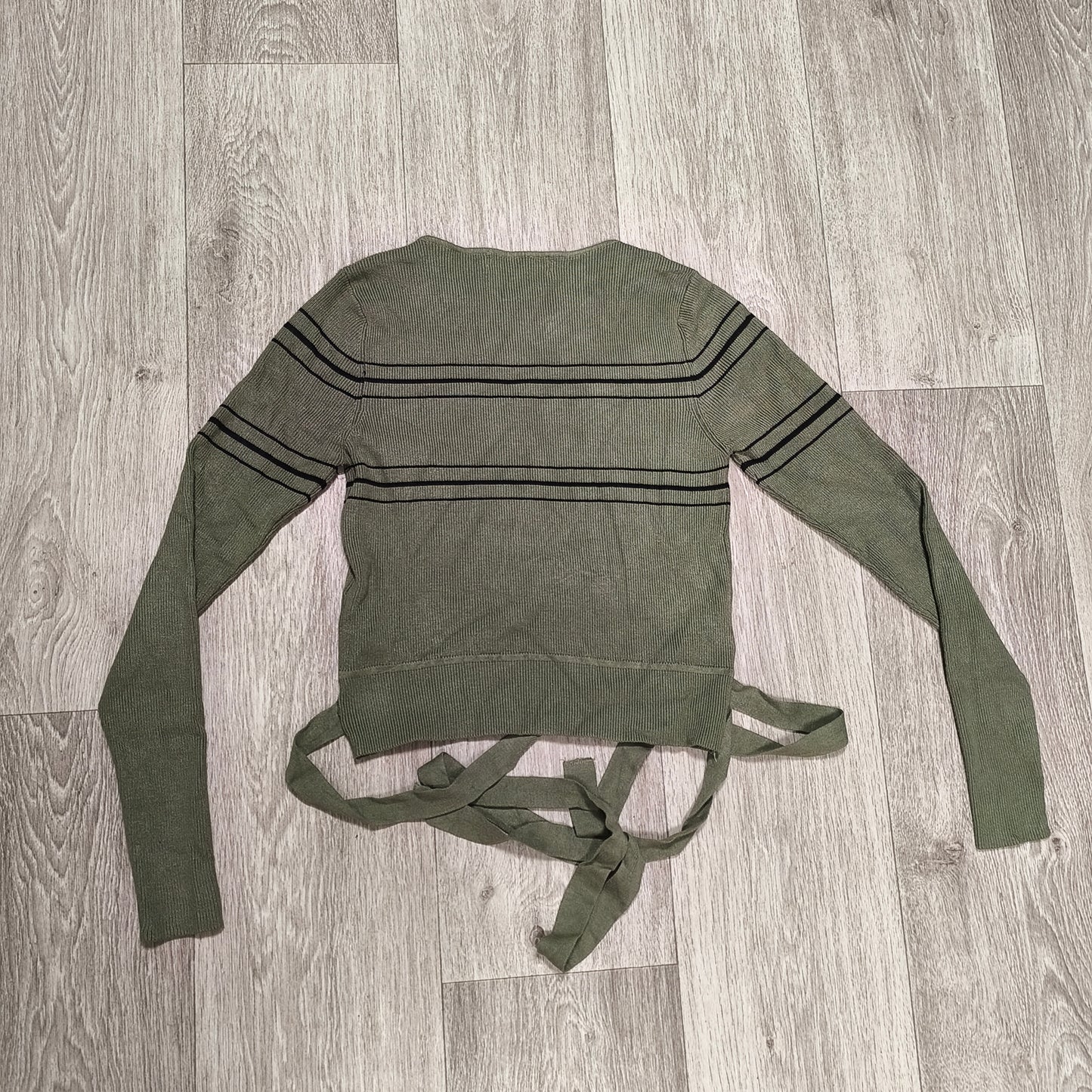 ZARA KNIT Women Large Green Striped Ribbed Long Sleeve Tie Waist Sweater Top