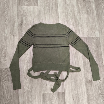 ZARA KNIT Women Large Green Striped Ribbed Long Sleeve Tie Waist Sweater Top