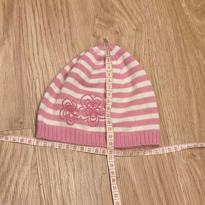 Girls Pink White Striped Knit Beanie Hat Embroidered Flower Winter Spring Cap