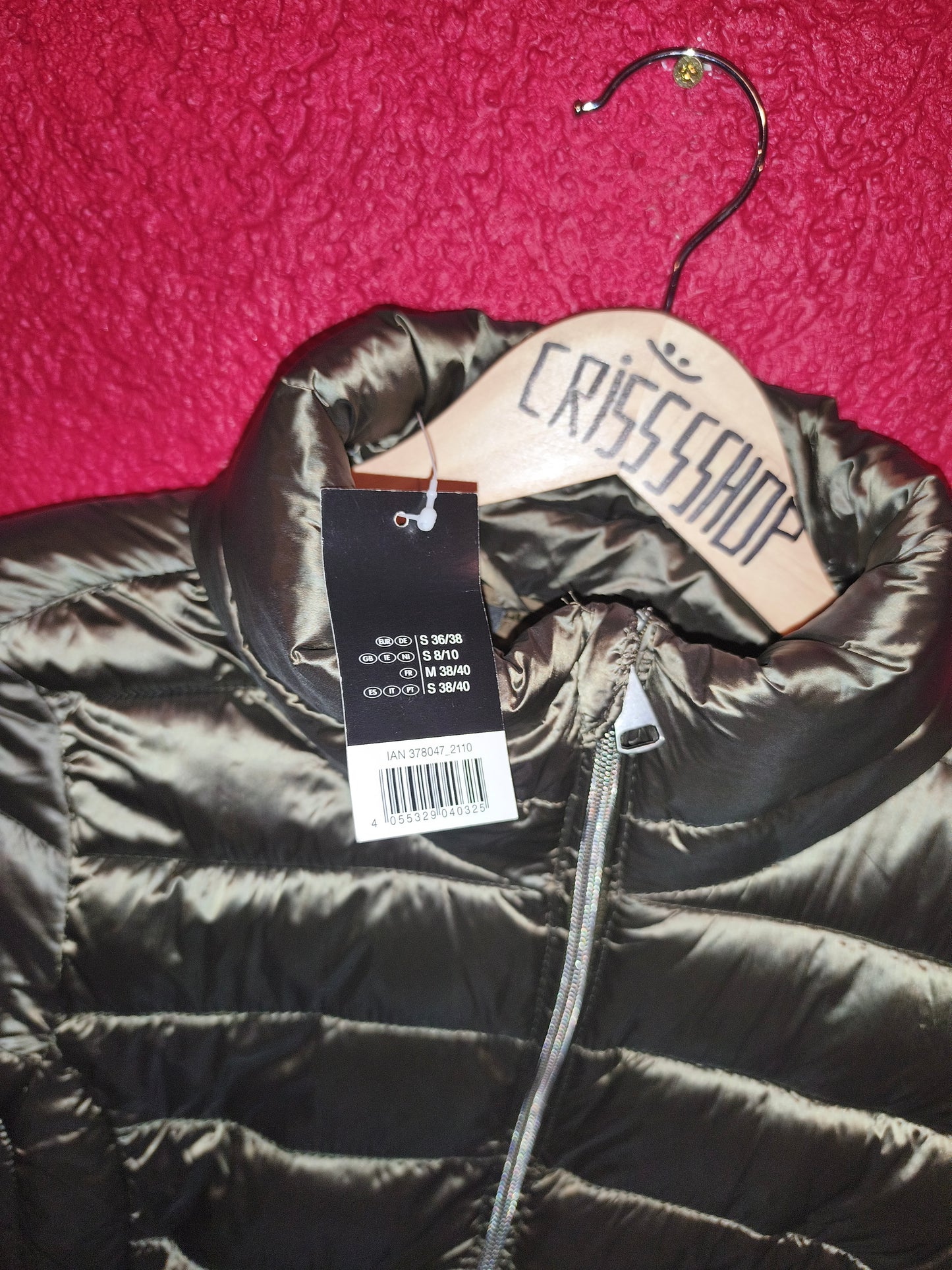 Esmara Metallic Olive Green Belted Lightweight Puffer Jacket | NWT S 36/38 (Minor Wear)