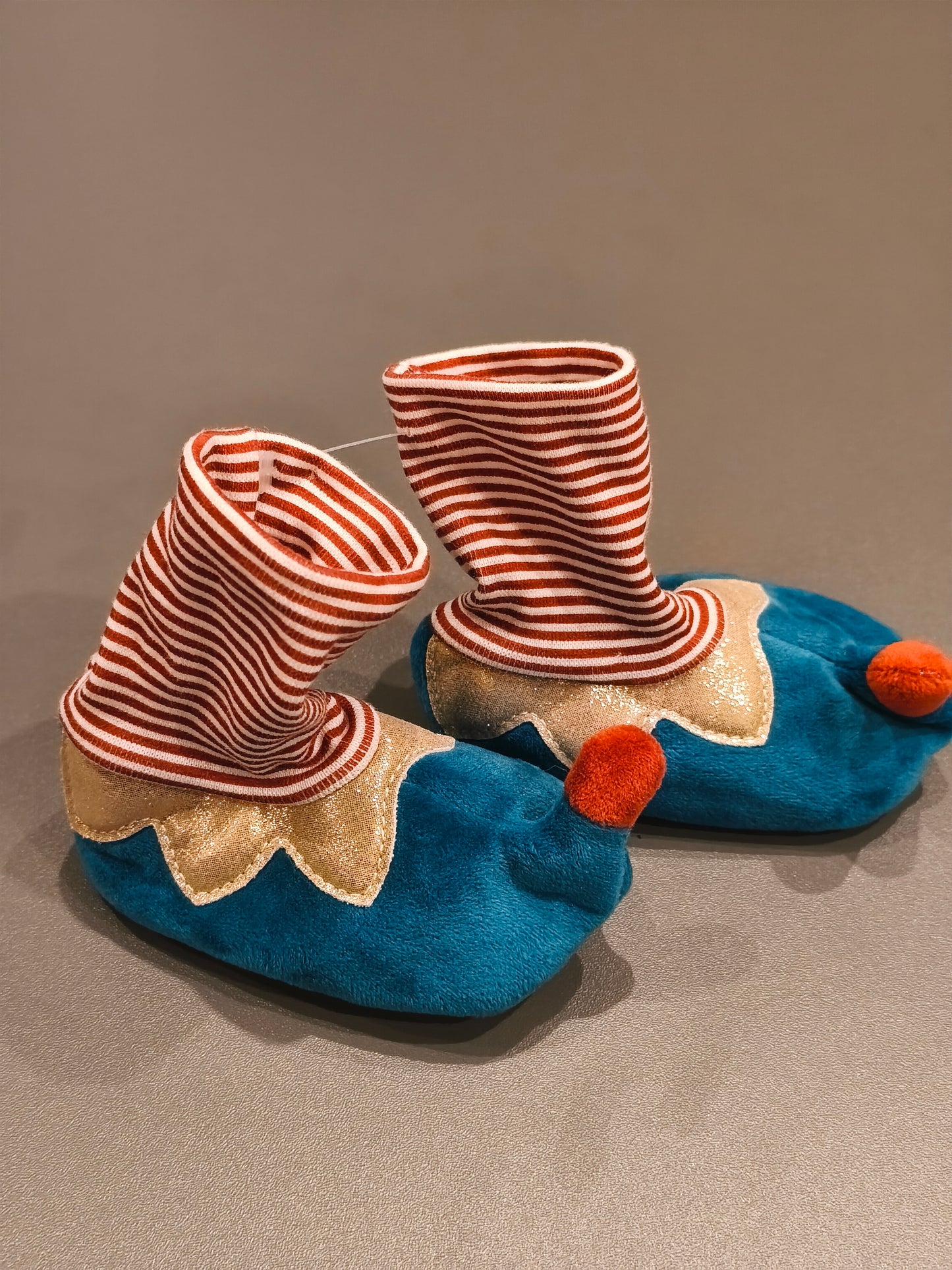 Merry Christmas Baby Elf Soft Booties / Slippers – Plush Blue & Red Gold Trim (Unisex)
