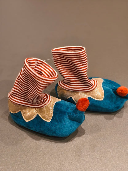 Merry Christmas Baby Elf Soft Booties / Slippers – Plush Blue & Red Gold Trim (Unisex)