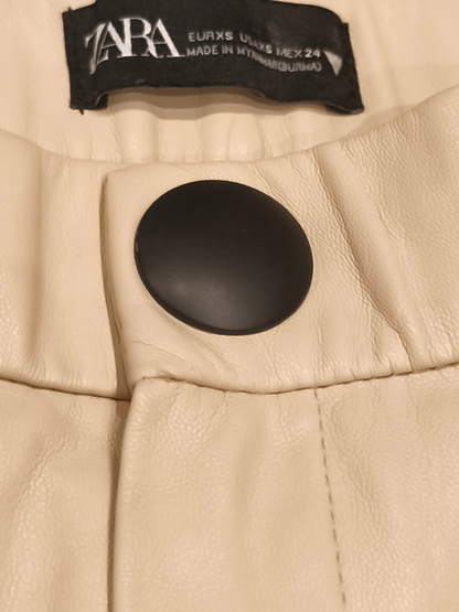 ZARA Faux Leather Flared Pants Cream Beige High Waisted Trousers XS EU XS US XS
