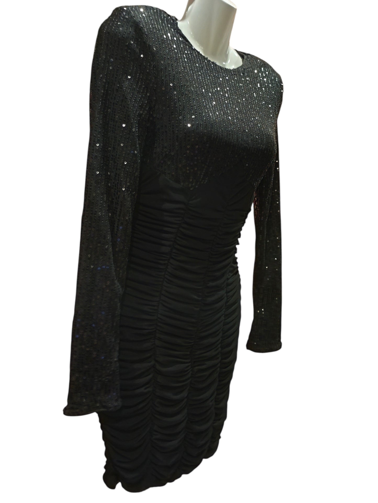 SHEIN BAE Black Sequin Ruched Bodycon Mini Dress Long Sleeve Size S Sparkly