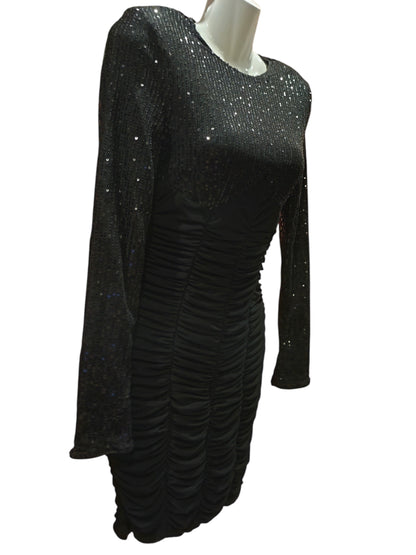 SHEIN BAE Black Sequin Ruched Bodycon Mini Dress Long Sleeve Size S Sparkly