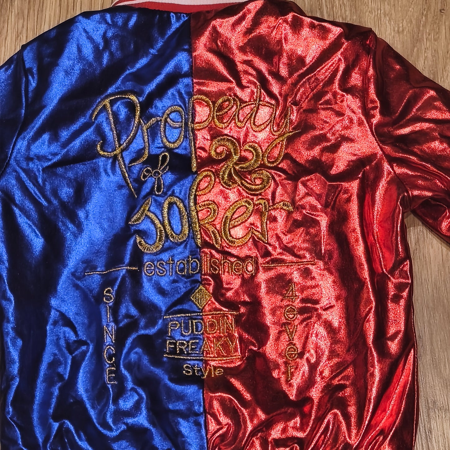 Harley Quinn Costume Jacket Kids Size 120 Red Blue Metallic Property of Joker