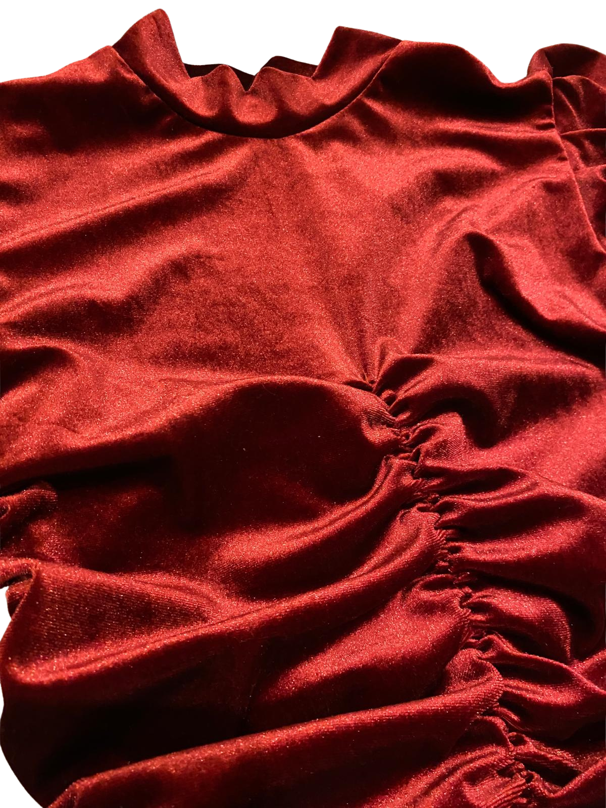 Made in Italy Red Velvet Ruched Mini Dress - Puff Shoulder Long Sleeve -Size S/M