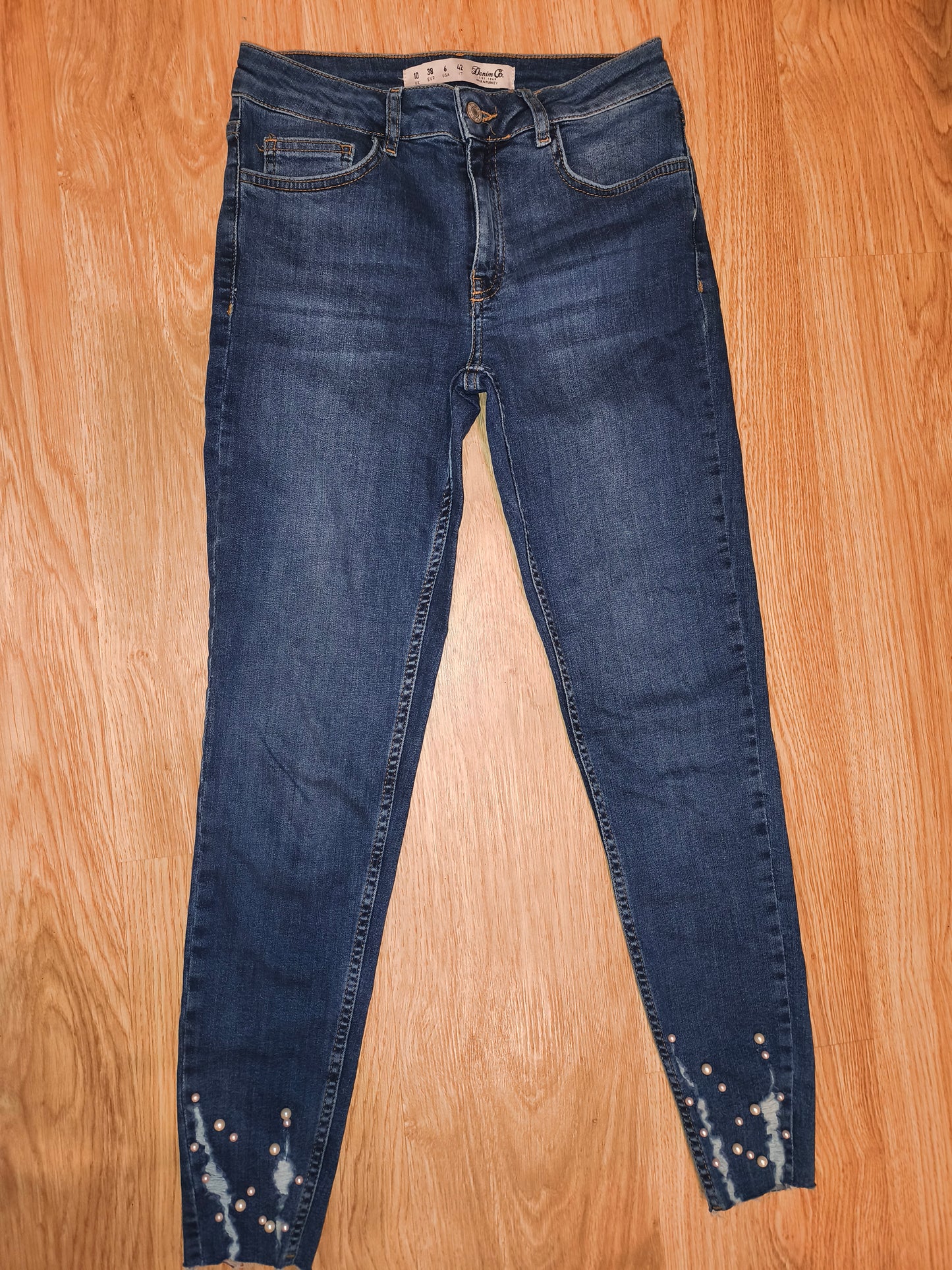 Denim Co. Women’s Blue Skinny Jeans with Pearl Embellishment - UK Size 10
