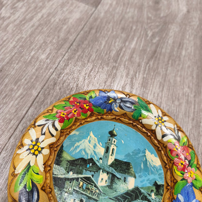 Vintage Hand Painted Wooden Wall Plate Innsbruck Alpine Landscape Flowers