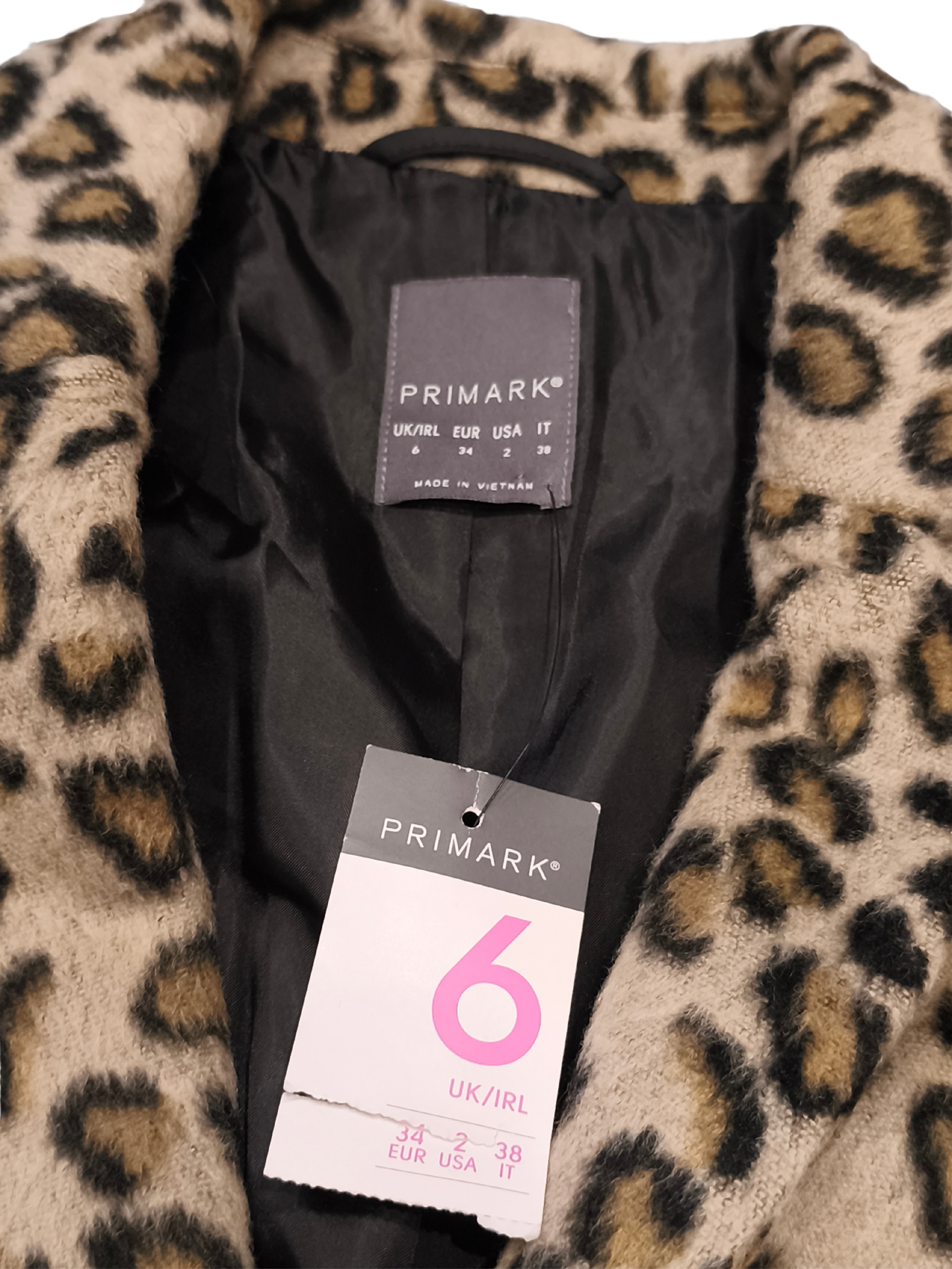 Primark Leopard Print Faux Fur Coat Women’s Size 6 Zip Pockets Longline Jacket