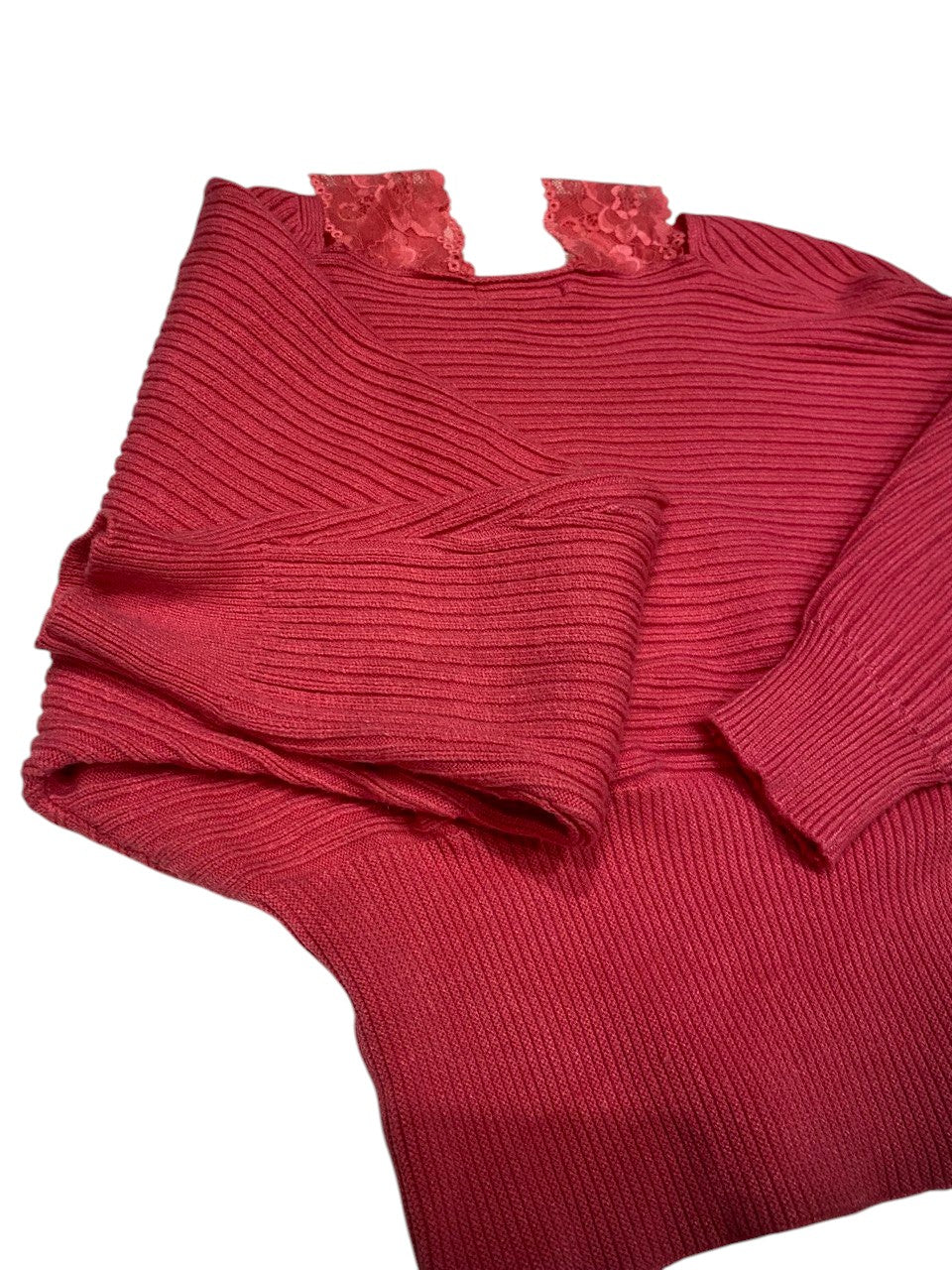 SHEIN Pink Ribbed Knit Surplice Sweater Lace Trim V-Neck Long Sleeve Crop Top S