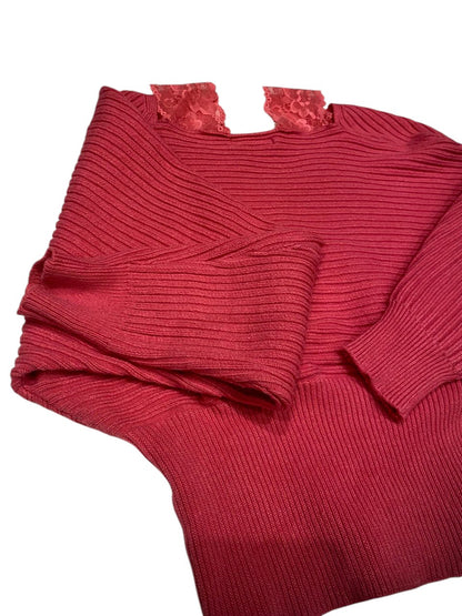 SHEIN Pink Ribbed Knit Surplice Sweater Lace Trim V-Neck Long Sleeve Crop Top S