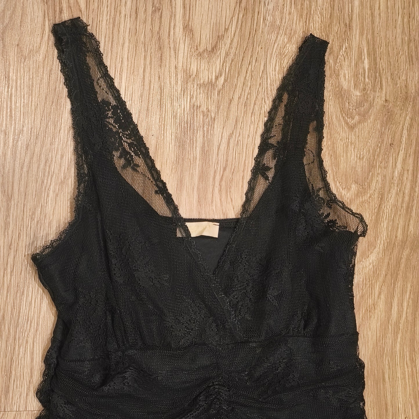 Laura Scott Black Lace Mini Dress V-Neck Lined Ruched Bodycon Party UK 12 D 38