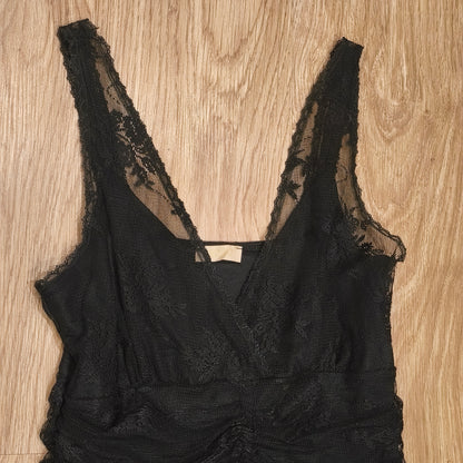 Laura Scott Black Lace Mini Dress V-Neck Lined Ruched Bodycon Party UK 12 D 38