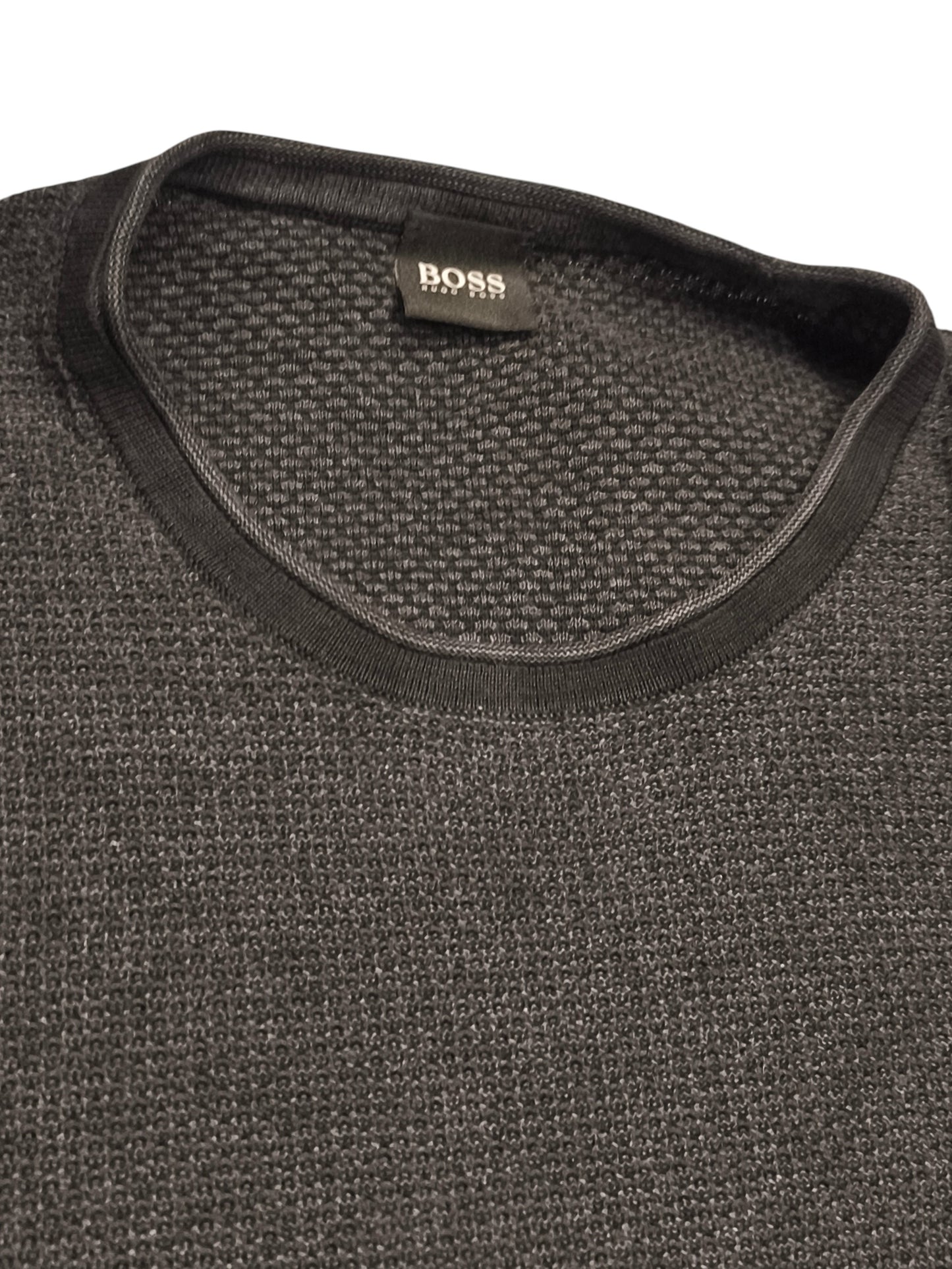 HUGO BOSS Black Textured Knit Sweater Men's XL Crew Neck Cotton Blend Pullover