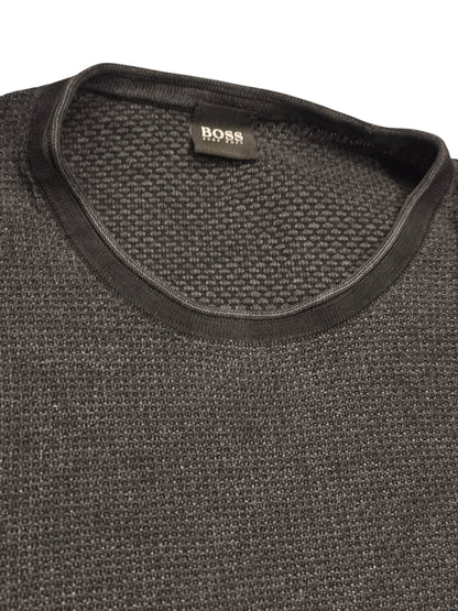 HUGO BOSS Black Textured Knit Sweater Men's XL Crew Neck Cotton Blend Pullover
