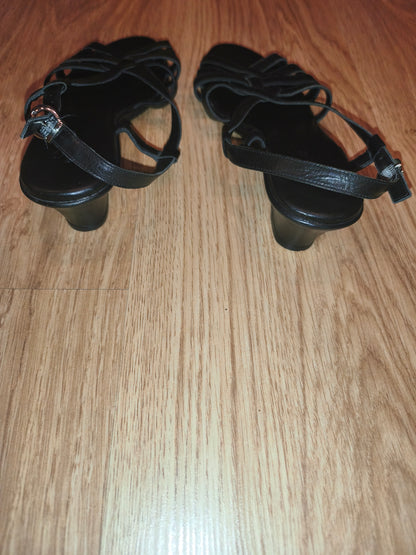 TLC Women's Black Real Leather Strappy Low Wedge Sandals – Size EU 38 / UK 5