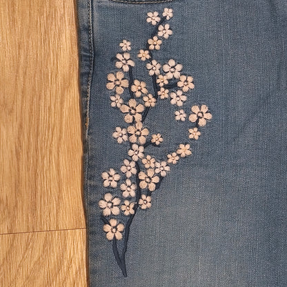 F&F Women Floral Embroidered Jeans Blue Stretch Skinny Raw Hem UK 10 US 6 EUR 38