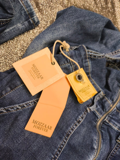 Mozzaar Forever Denim Overalls Jumpsuit Wide Leg Stretch Blue Bib Dungarees NWT