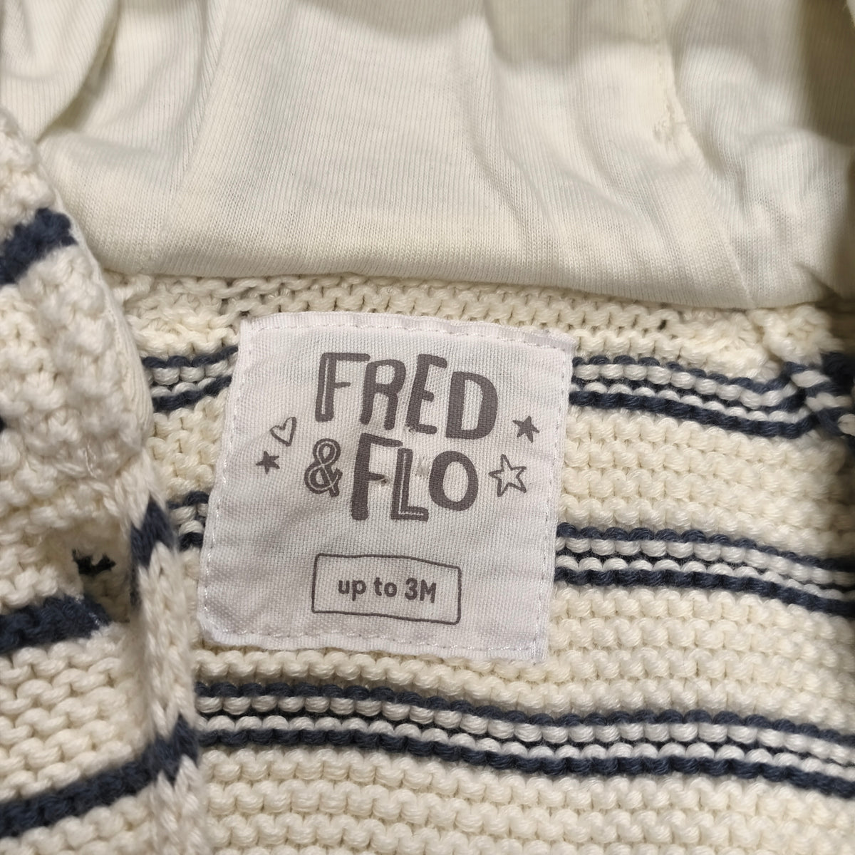 Fred & Flo Baby Hooded Knit Cardigan Jacket Striped Cream Blue Up To 3 Months
