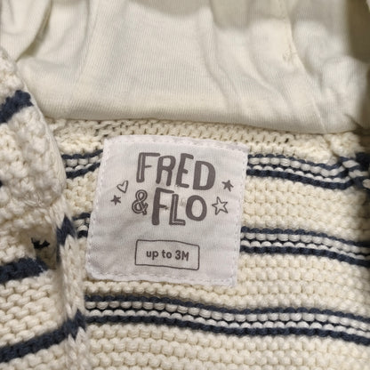 Fred & Flo Baby Hooded Knit Cardigan Jacket Striped Cream Blue Up To 3 Months