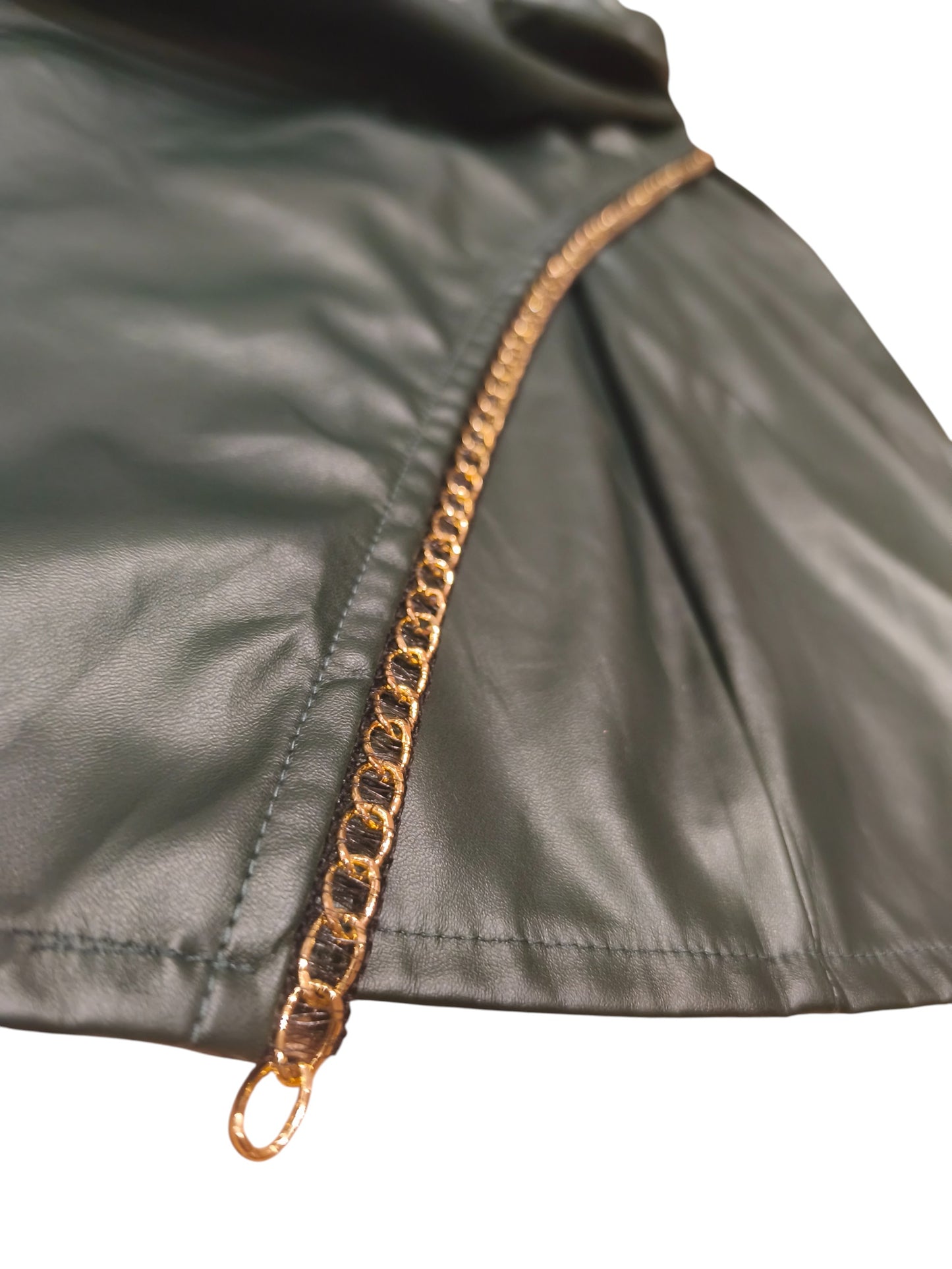 SHEIN Deep Green Faux Leather Mini Dress Gold Chain Straps Size L / EU 42