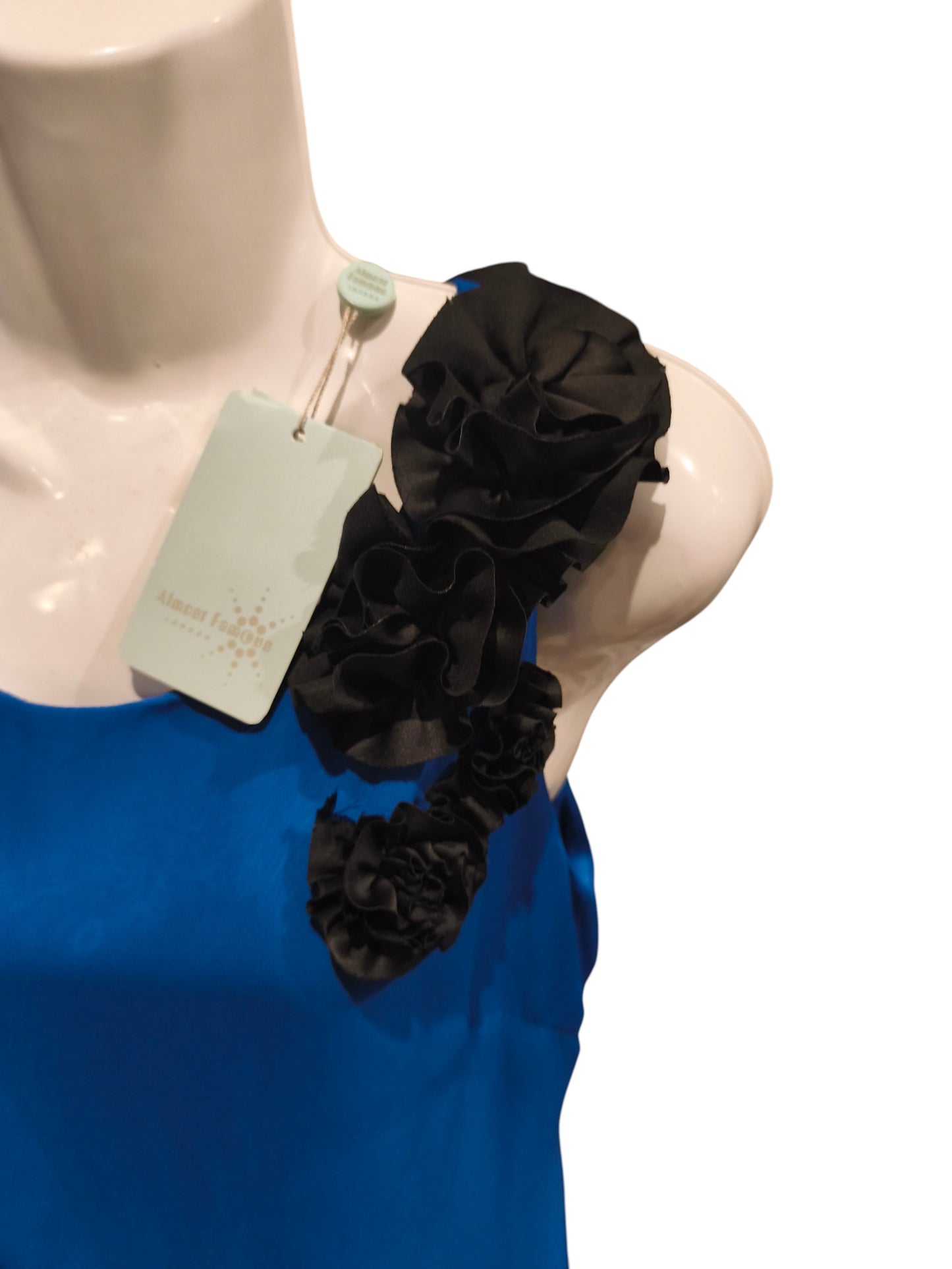 Almost Famous London Blue Shift Dress – Black 3D Floral Rosette Accents Size 10