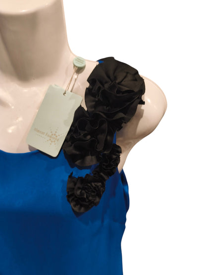 Almost Famous London Blue Shift Dress – Black 3D Floral Rosette Accents Size 10