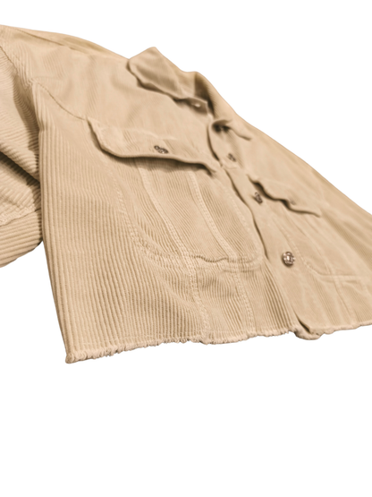 ZARA Woman Cropped Corduroy Jacket Shacket Beige Tan Small S Raw Hem Oversized