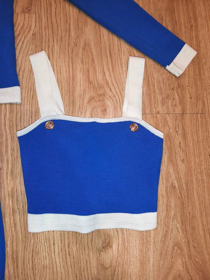 Knit 3 Piece Skirt Set Royal Blue White Cardigan Crop Top Mini Skirt Med/Small